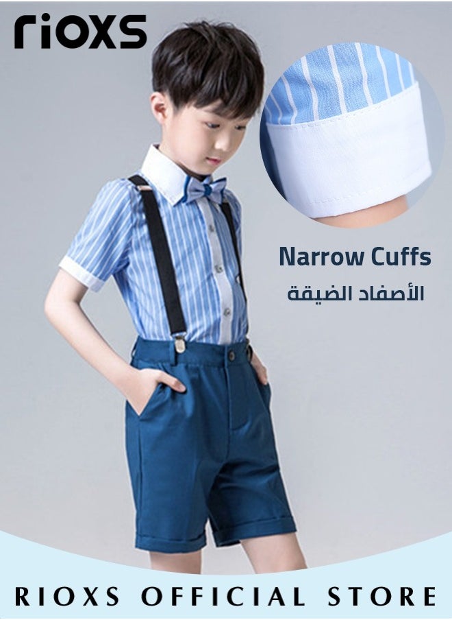 Boys 4 Pcs Suits Set,Short Sleeves Shirt,Bowtie,Pants And Suspender,Formal Dresswear Gentleman Set For Kids Boys,Ceremony Clothing Set For Party Wedding Performance And Formal Occasions