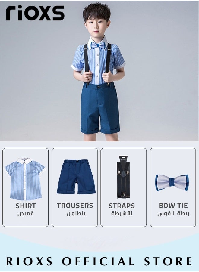 Boys 4 Pcs Suits Set,Short Sleeves Shirt,Bowtie,Pants And Suspender,Formal Dresswear Gentleman Set For Kids Boys,Ceremony Clothing Set For Party Wedding Performance And Formal Occasions