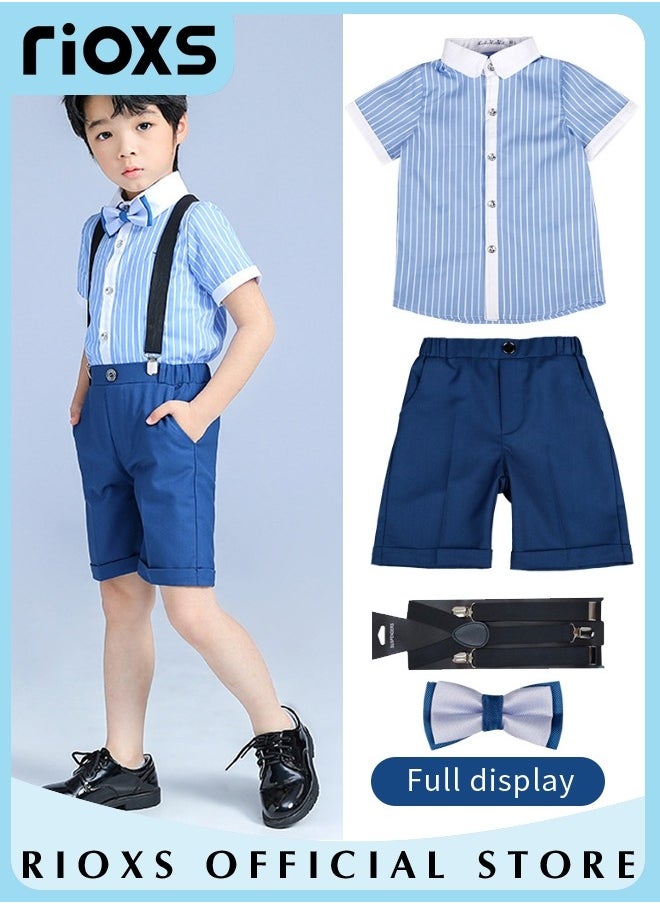 Boys 4 Pcs Suits Set,Short Sleeves Shirt,Bowtie,Pants And Suspender,Formal Dresswear Gentleman Set For Kids Boys,Ceremony Clothing Set For Party Wedding Performance And Formal Occasions