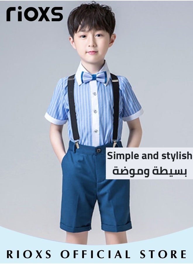 Boys 4 Pcs Suits Set,Short Sleeves Shirt,Bowtie,Pants And Suspender,Formal Dresswear Gentleman Set For Kids Boys,Ceremony Clothing Set For Party Wedding Performance And Formal Occasions