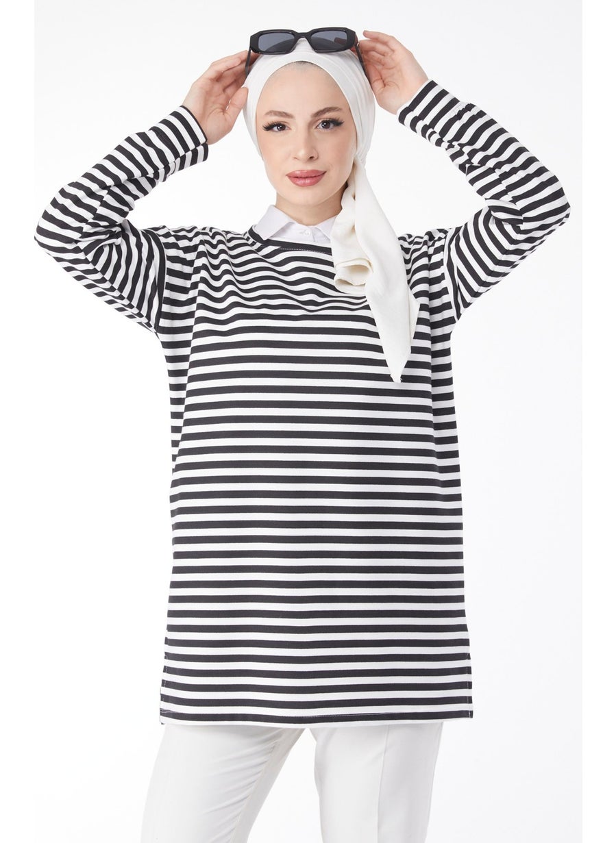 Plain Crew Neck Women's White Long Sleeve Striped Tunic - 24658