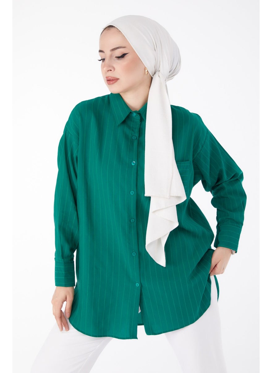 Plain Shirt Collar Women's Green Single Pocket Striped Tunic - 25496