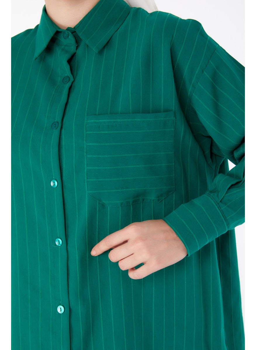 Plain Shirt Collar Women's Green Single Pocket Striped Tunic - 25496