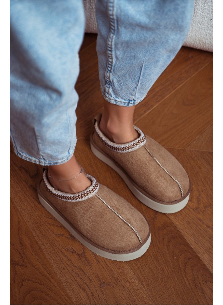 Sweet Dark Beige Suede Fur Inside Flat Sole Sabo House Slippers