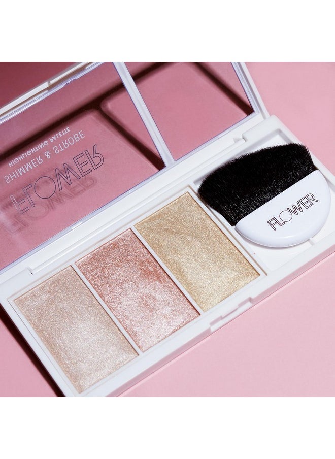 FLOWER Beauty By Drew Barrymore Shimmer + Strobe Highlighting Palette - Glowing Bronzer Powder Kit For Face + Blendable Coverage - Skintones + 3 Enhancing Colors (Strobe Brush) Included - Champagne Shimmer