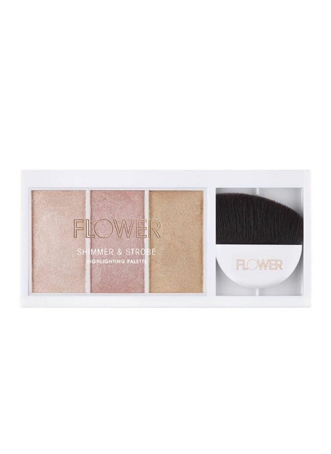 FLOWER Beauty By Drew Barrymore Shimmer + Strobe Highlighting Palette - Glowing Bronzer Powder Kit For Face + Blendable Coverage - Skintones + 3 Enhancing Colors (Strobe Brush) Included - Champagne Shimmer