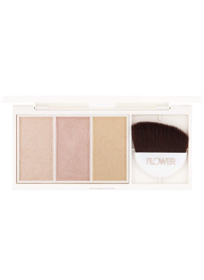 FLOWER Beauty By Drew Barrymore Shimmer + Strobe Highlighting Palette - Glowing Bronzer Powder Kit For Face + Blendable Coverage - Skintones + 3 Enhancing Colors (Strobe Brush) Included - Champagne Shimmer