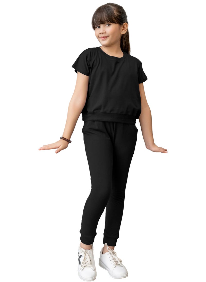 Kids Girls Black T-Shirt Top & Legging Set Soft Stretchable Cotton Casual Outfit Comfortable & Stylish Everyday Wear Co-Ord Set