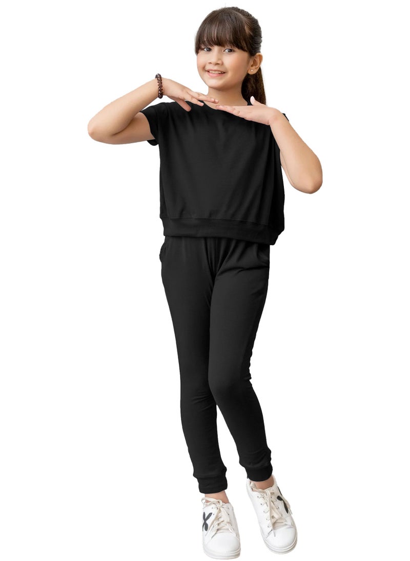 Kids Girls Black T-Shirt Top & Legging Set Soft Stretchable Cotton Casual Outfit Comfortable & Stylish Everyday Wear Co-Ord Set