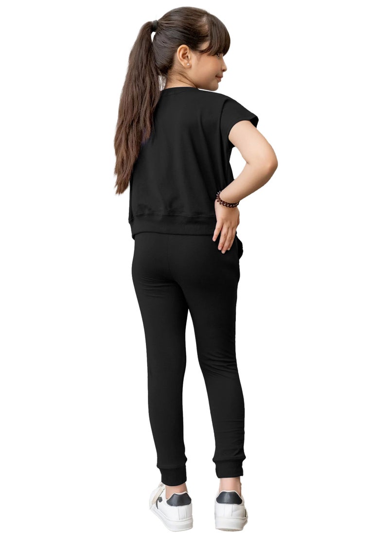 Kids Girls Black T-Shirt Top & Legging Set Soft Stretchable Cotton Casual Outfit Comfortable & Stylish Everyday Wear Co-Ord Set