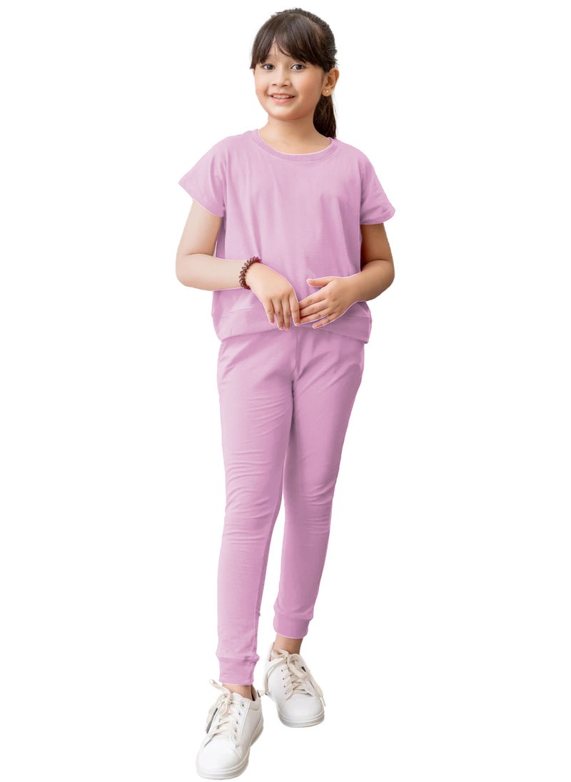 Kids Girls Baby Pink T-Shirt Top & Legging Set Soft Stretchable Cotton Casual Outfit Comfortable & Stylish Everyday Wear Co-Ord Set