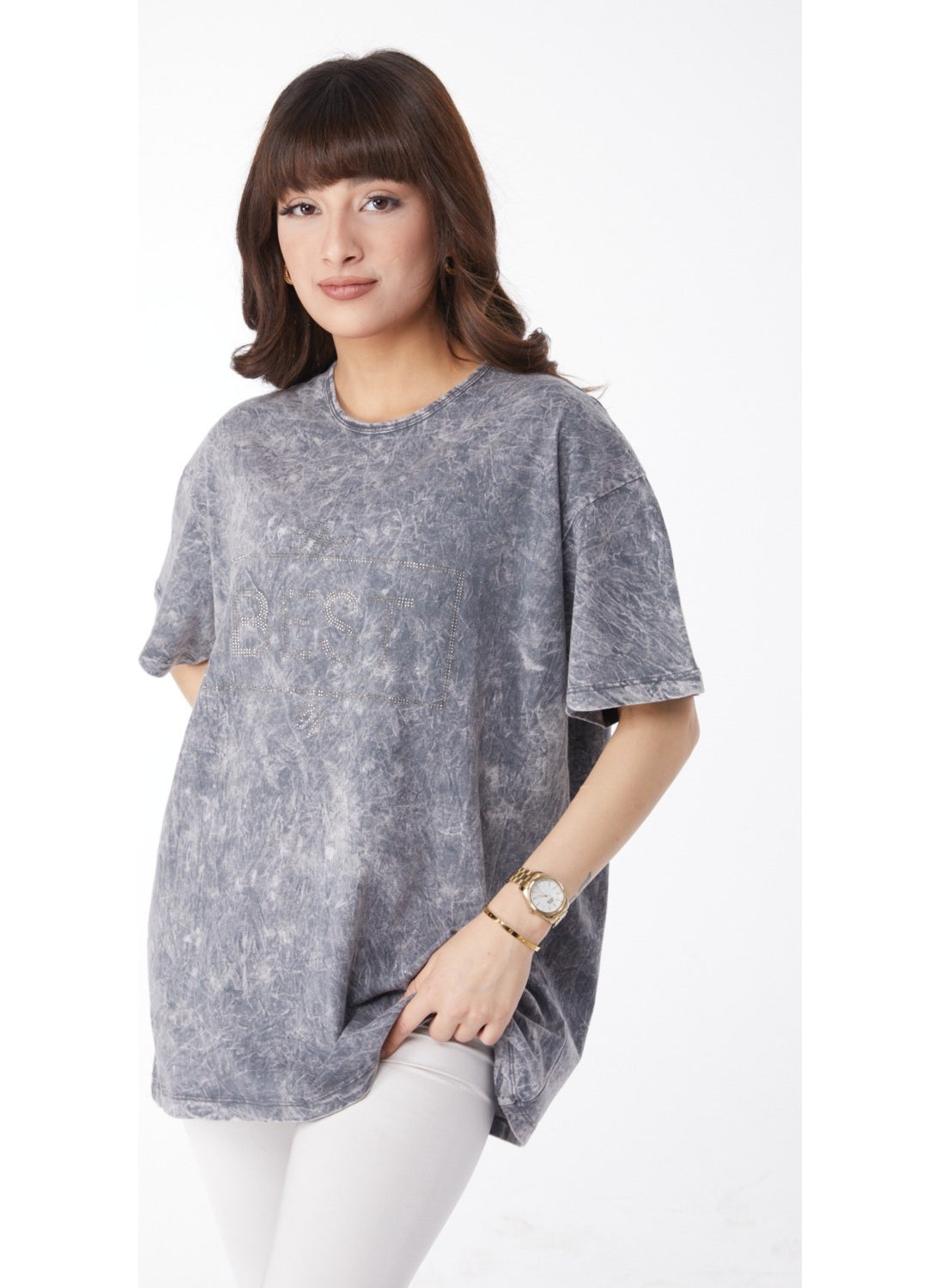 Plain Crew Neck Women's Gray Stone Detailed T-Shirt - 25165