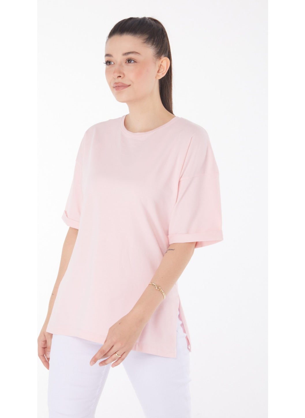 Plain Crew Neck Women's Pink T-Shirt - 25850