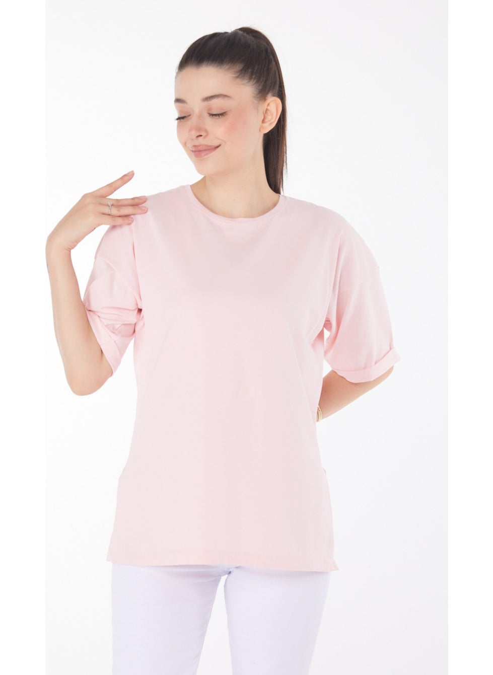 Plain Crew Neck Women's Pink T-Shirt - 25850