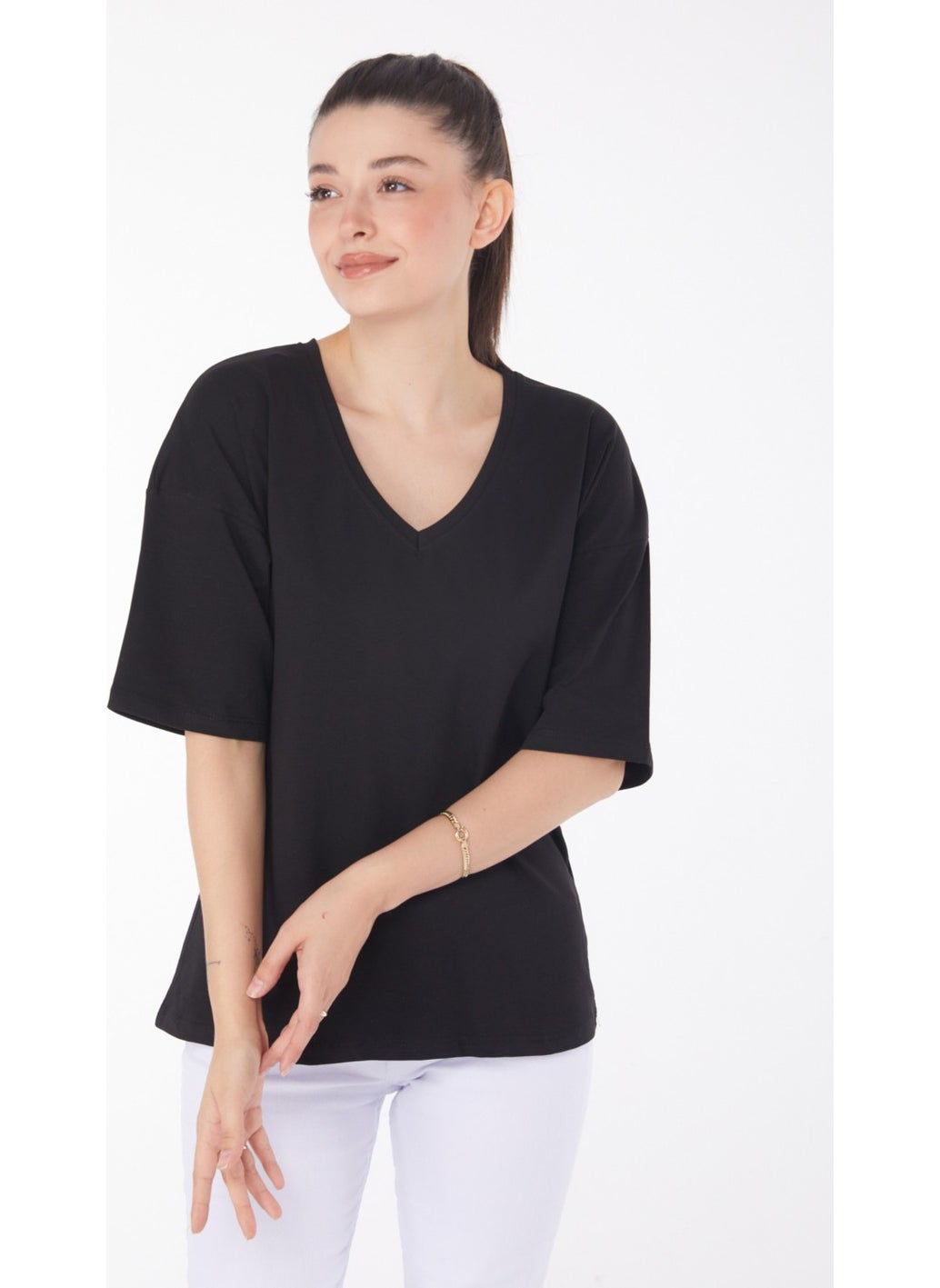 Plain Mid Women's Black T-Shirt - 25848