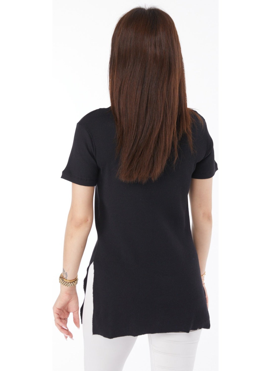 Plain Crew Neck Women's Black Printed Slit T-Shirt - 24791