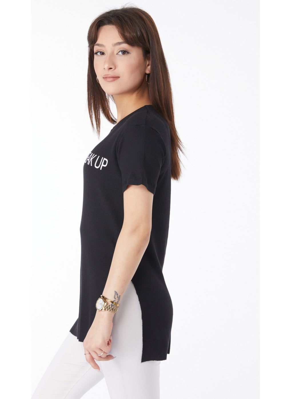 Plain Crew Neck Women's Black Printed Slit T-Shirt - 24791