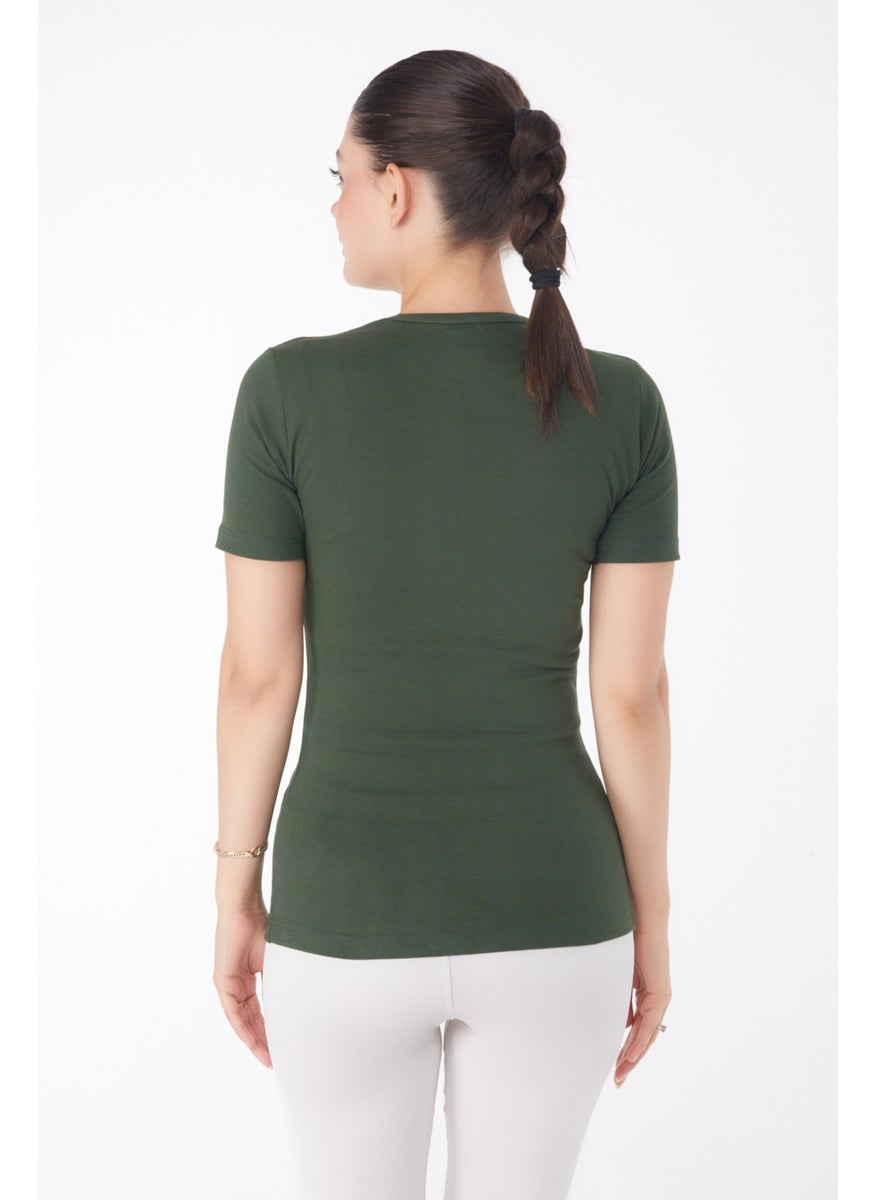 Plain Crew Neck Women's Khaki Short Sleeve T-Shirt - 25768