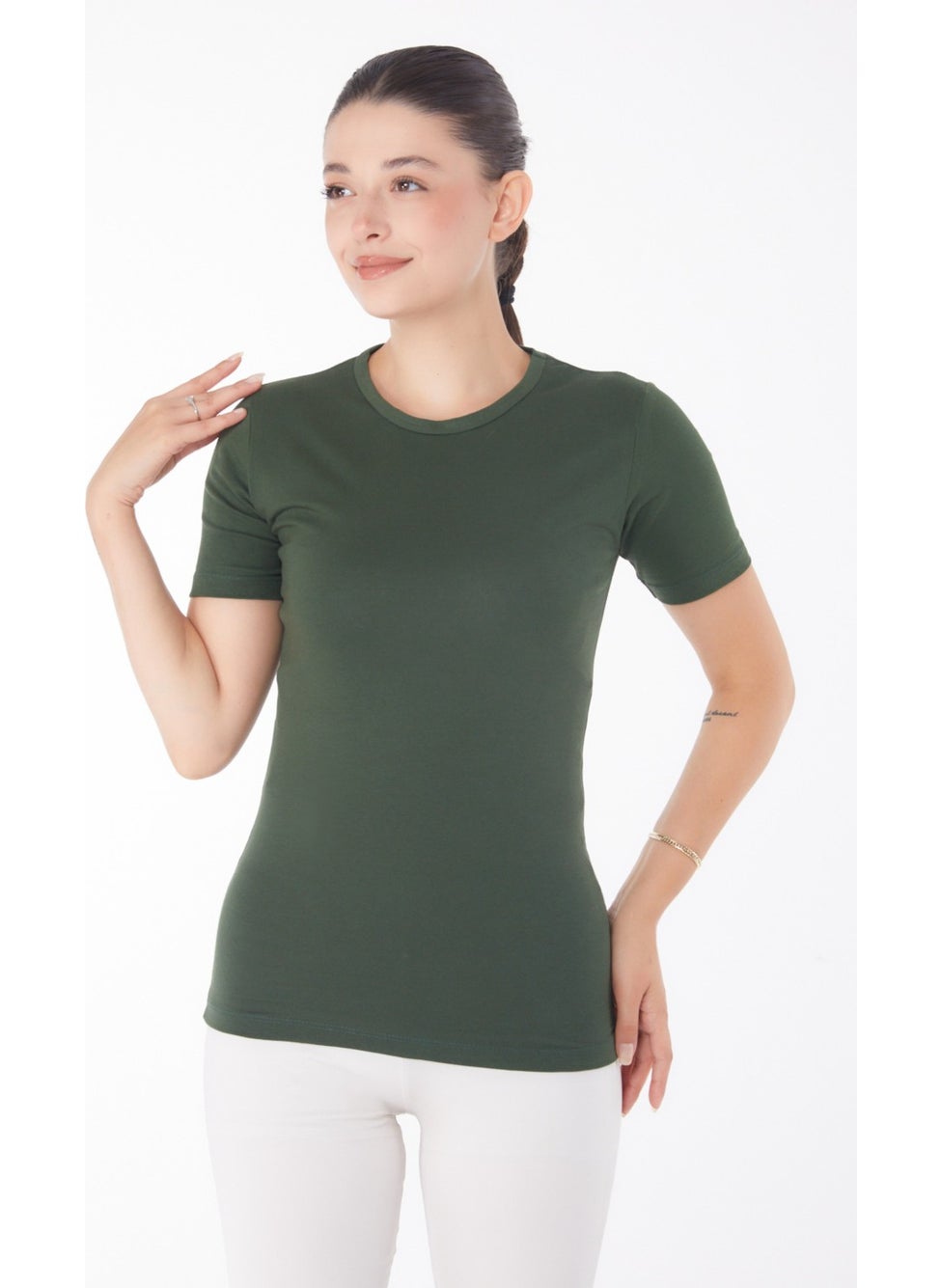 Plain Crew Neck Women's Khaki Short Sleeve T-Shirt - 25768