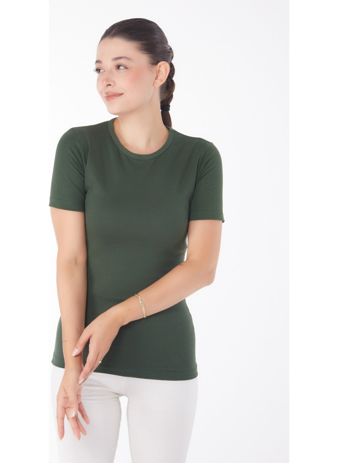 Plain Crew Neck Women's Khaki Short Sleeve T-Shirt - 25768