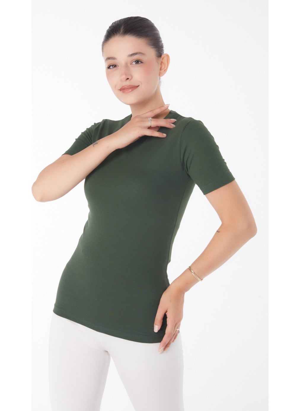 Plain Crew Neck Women's Khaki Short Sleeve T-Shirt - 25768