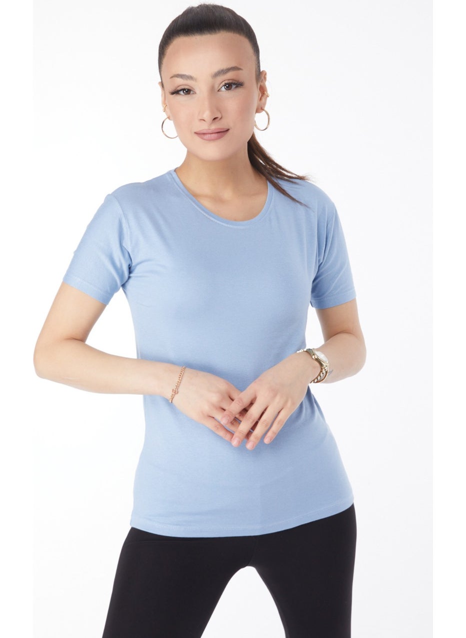 Plain Crew Neck Women's Baby Blue Short Sleeve Unprinted T-Shirt 24764