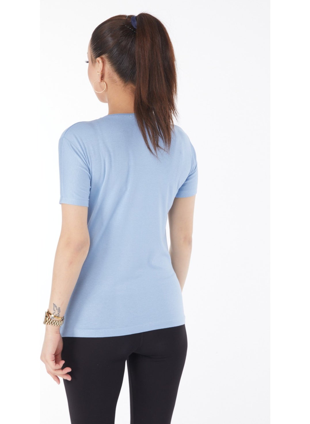 Plain Crew Neck Women's Baby Blue Short Sleeve Unprinted T-Shirt 24764