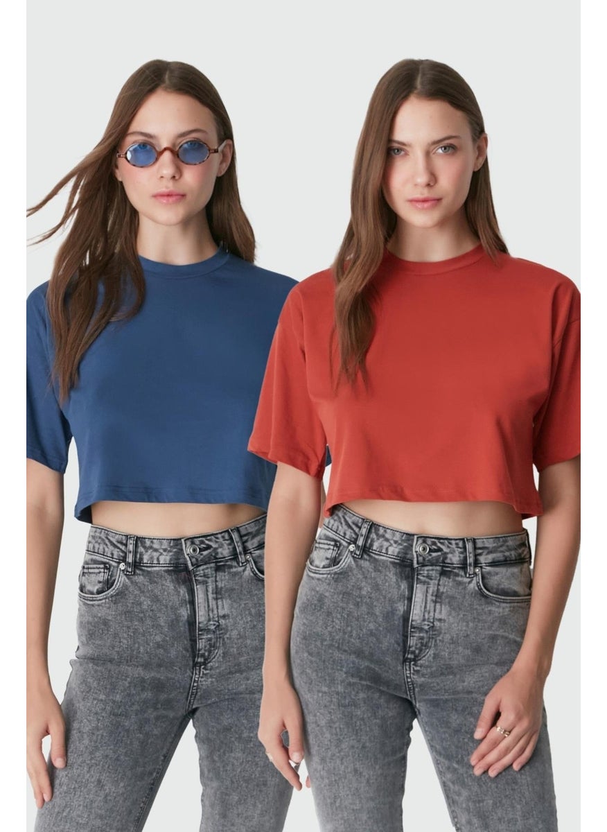 Crew Neck 2-Pack Crop T-Shirt 959 Brick/Indigo