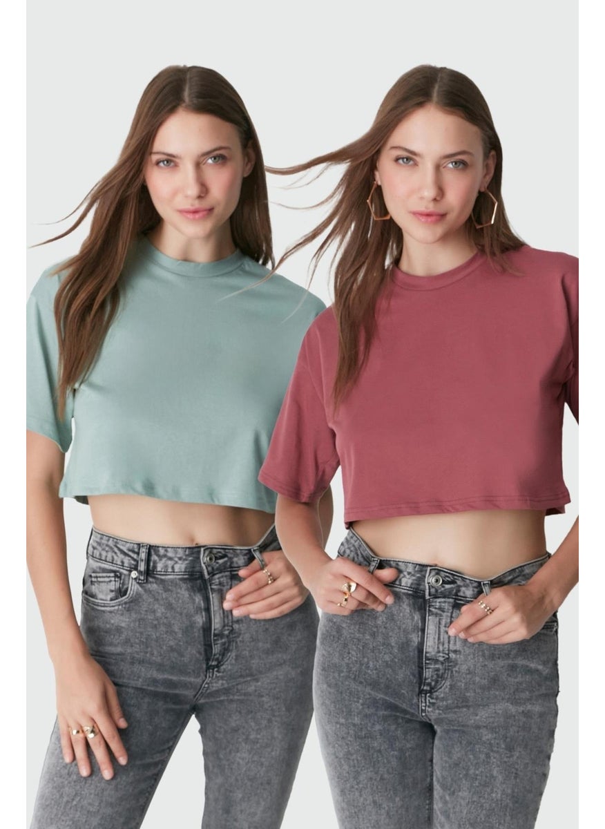 Crew Neck 2-Pack Crop T-Shirt 959 Almond/Dry Rose