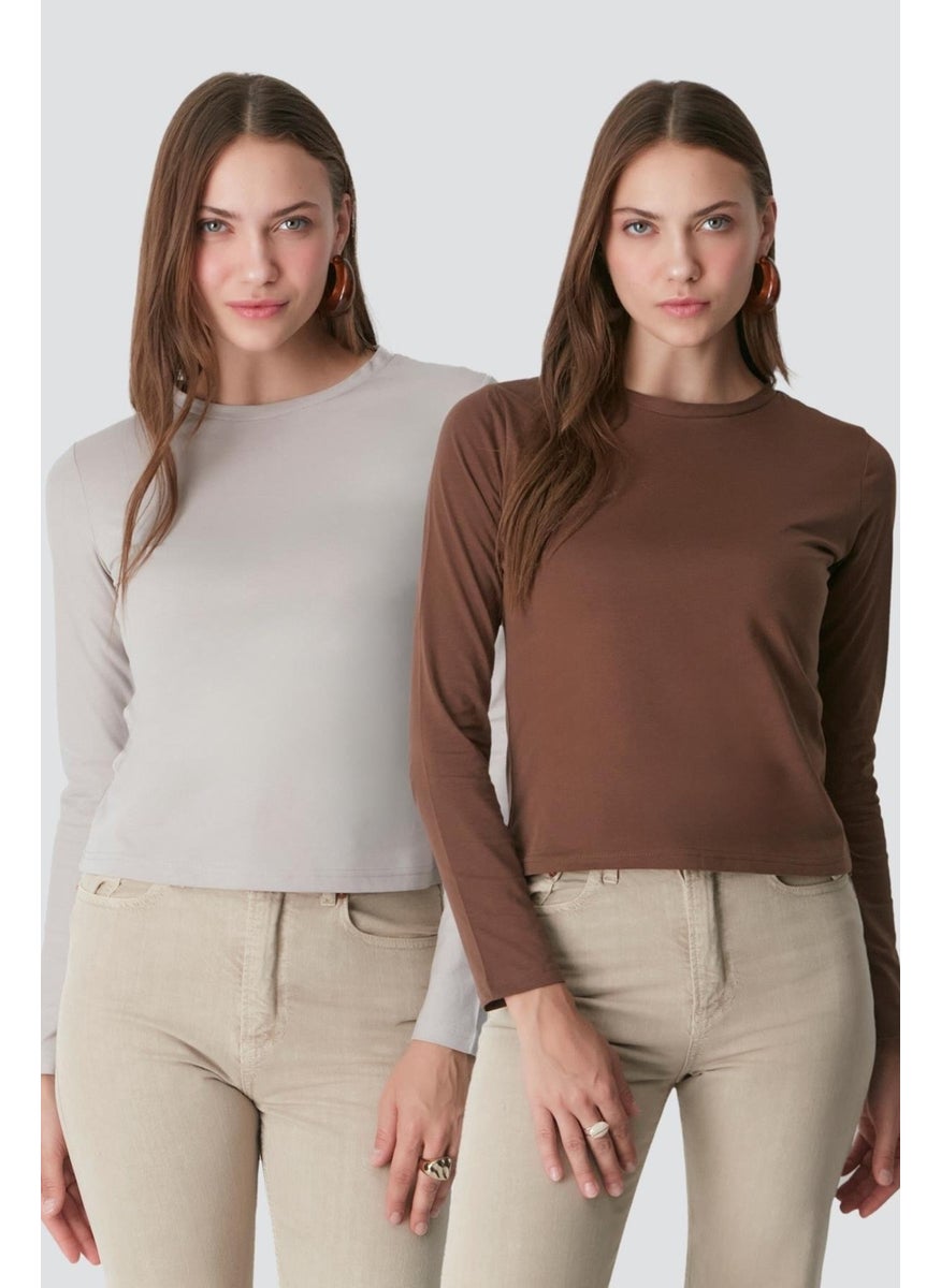 Crew Neck Long Sleeve 2-Piece Basic T-Shirt 955 Grey/brown