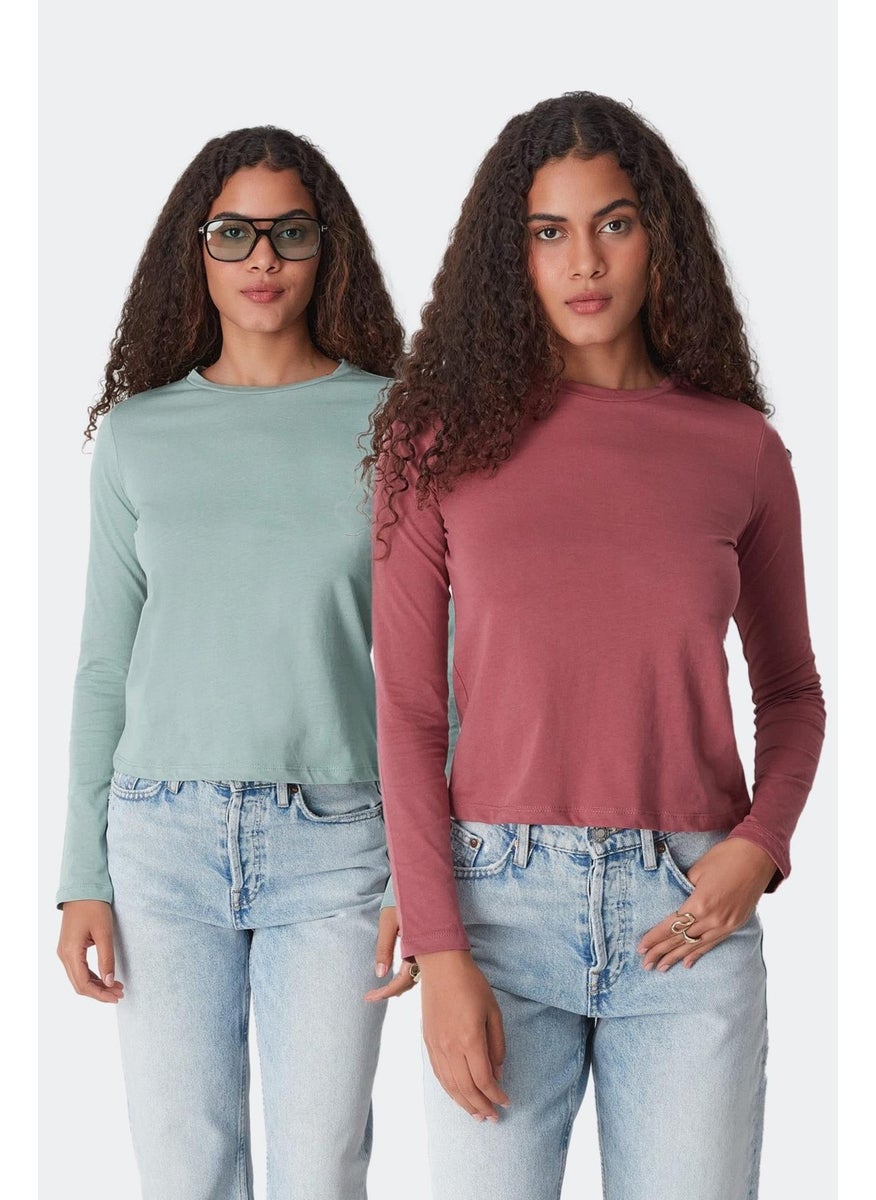 Crew Neck Long Sleeve 2-Piece Basic T-Shirt 955 Almond/Dried Rose