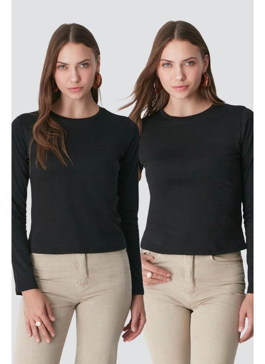 Crew Neck Long Sleeve 2-Pack Basic T-Shirt 955 Black