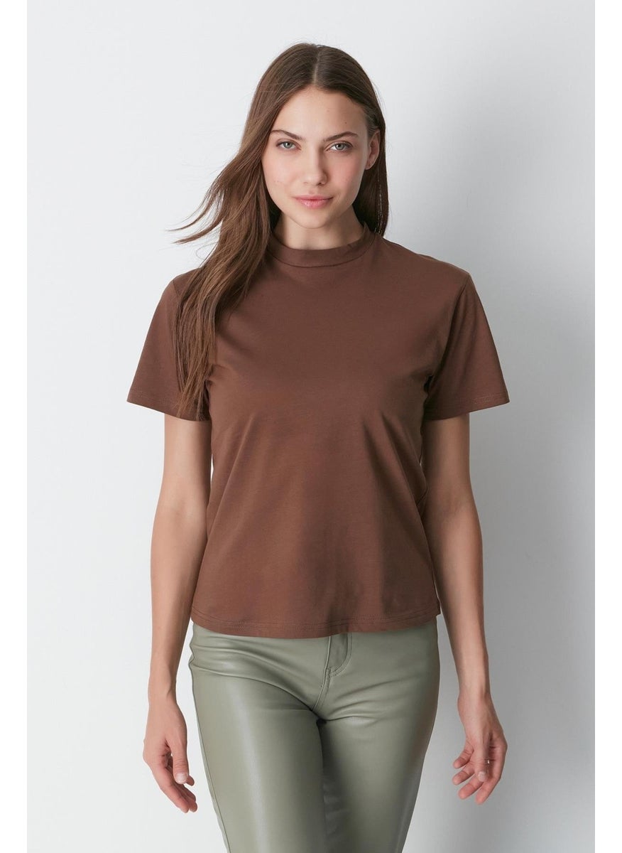 Stand Collar Short Sleeve 2-Piece Basic T-Shirt 957 Beige/Brown