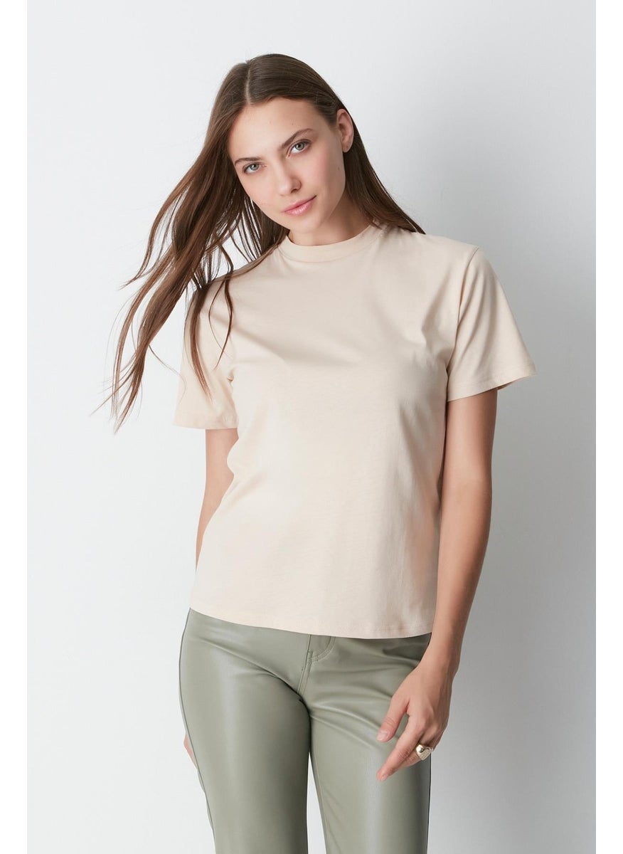 Stand Collar Short Sleeve 2-Piece Basic T-Shirt 957 Beige/Brown