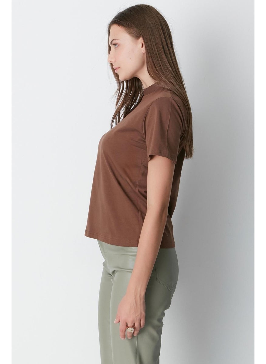 Stand Collar Short Sleeve 2-Piece Basic T-Shirt 957 Beige/Brown