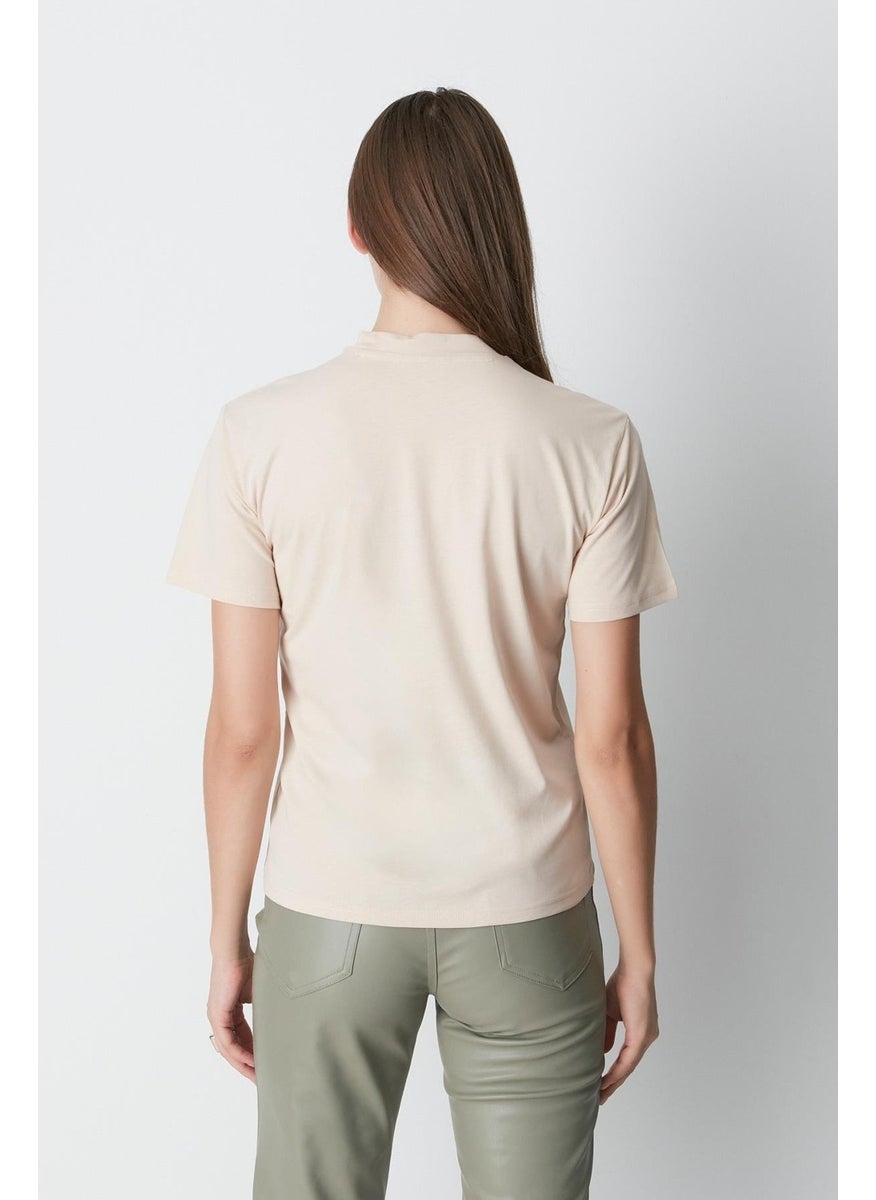 Stand Collar Short Sleeve 2-Piece Basic T-Shirt 957 Beige/Brown