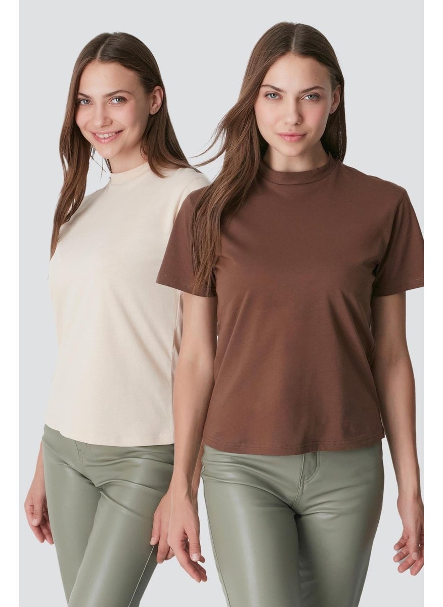 Stand Collar Short Sleeve 2-Piece Basic T-Shirt 957 Beige/Brown