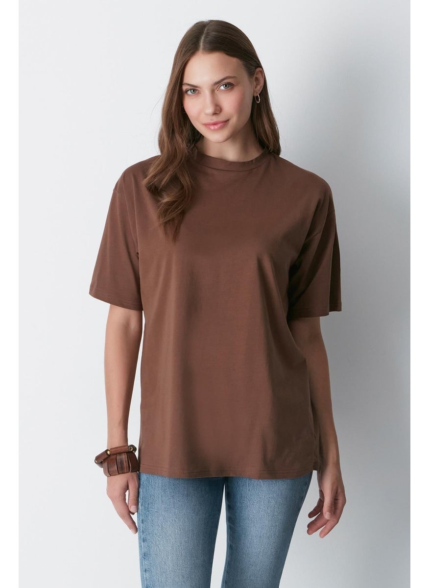 Crew Neck Short Sleeve 2-Piece Casual Basic T-Shirt 961 Brown/burgundy