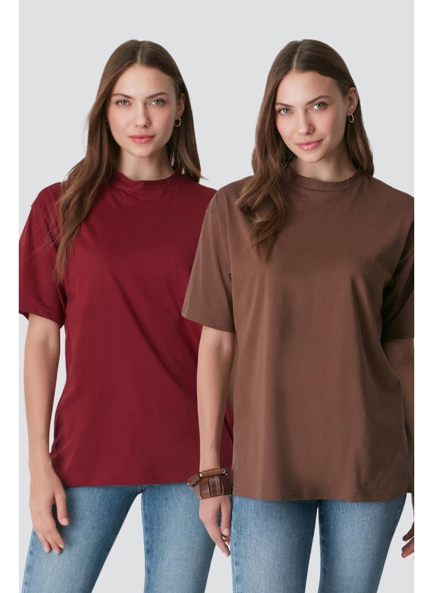 Crew Neck Short Sleeve 2-Piece Casual Basic T-Shirt 961 Brown/burgundy