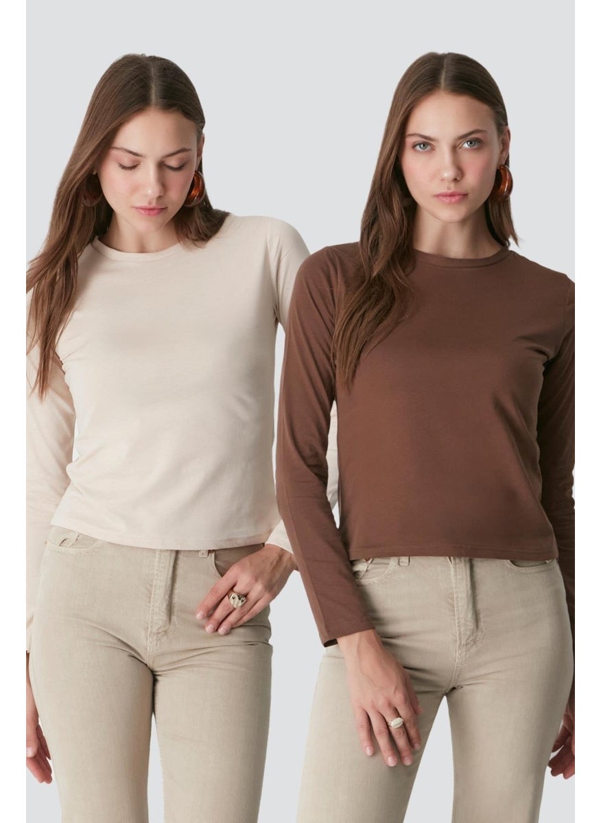 Crew Neck Long Sleeve 2-Piece Basic T-Shirt 955 Beige/Brown