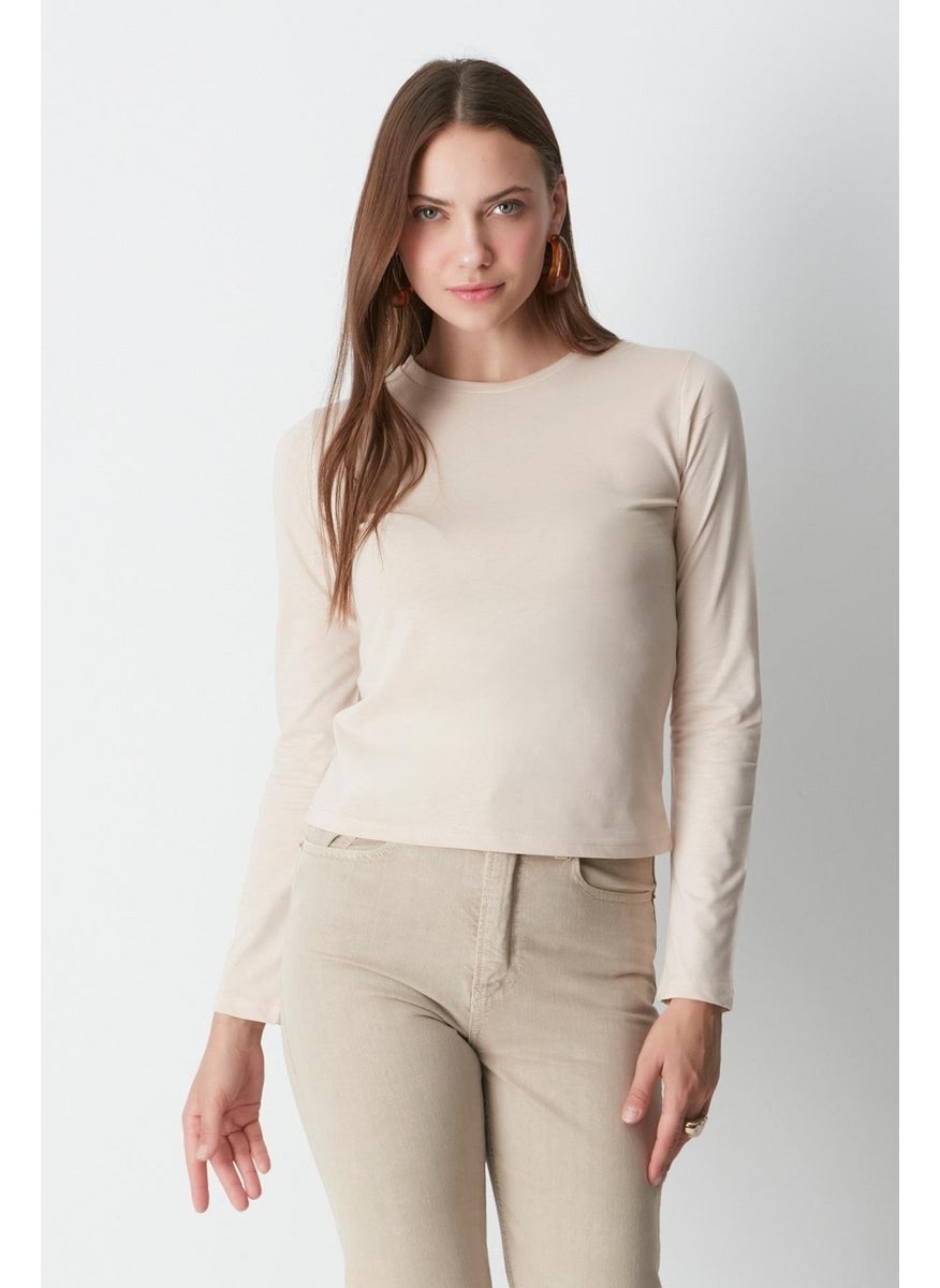 Crew Neck Long Sleeve 2-Piece Basic T-Shirt 955 Beige/Brown