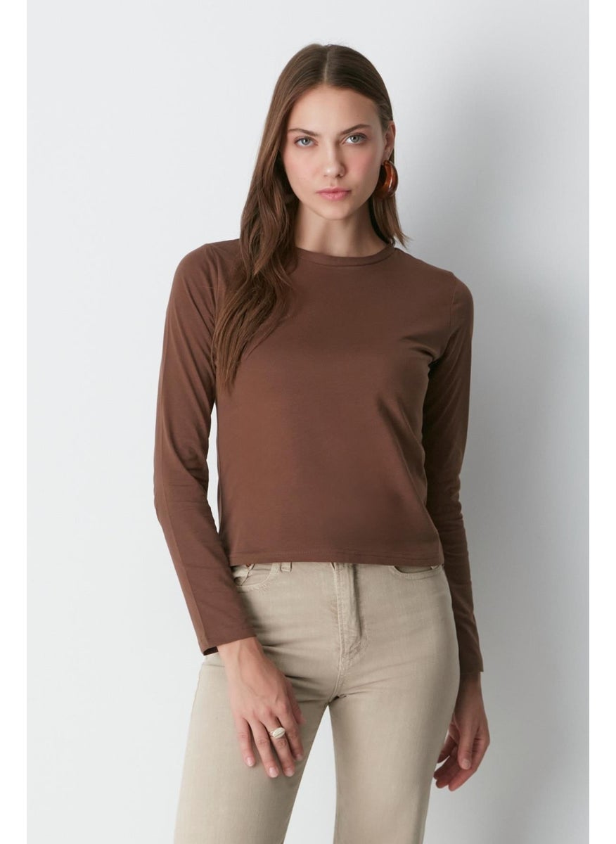 Crew Neck Long Sleeve 2-Piece Basic T-Shirt 955 Beige/Brown