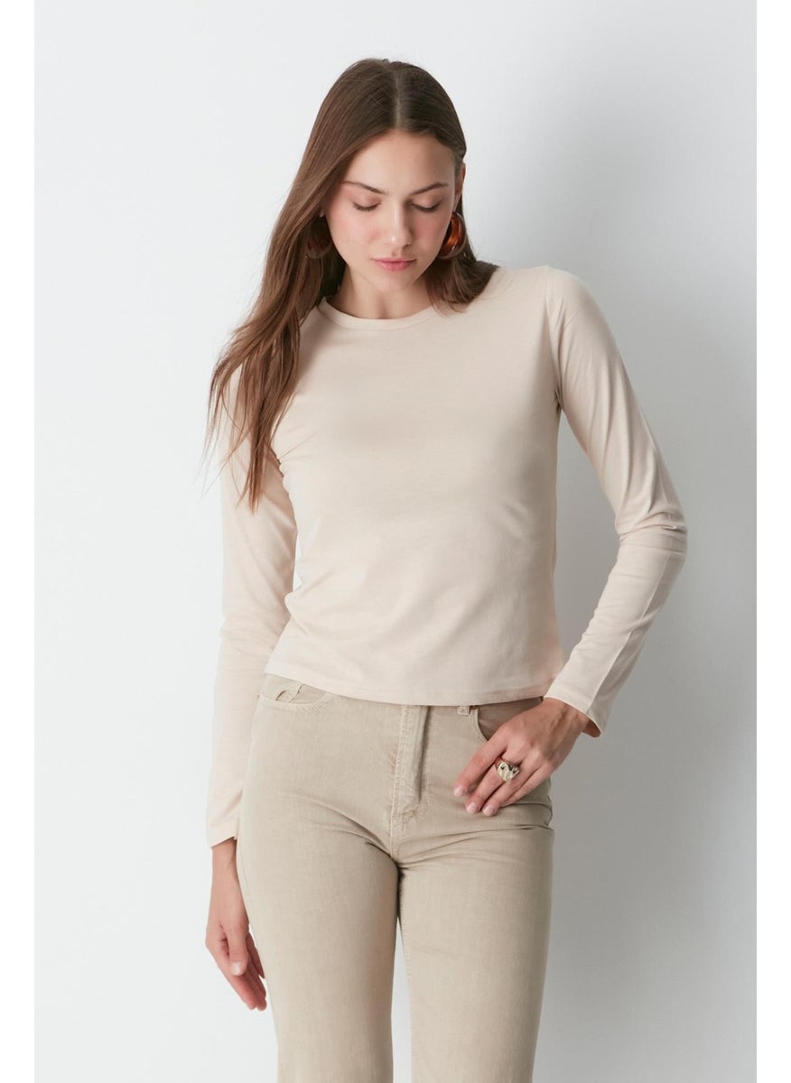 Crew Neck Long Sleeve 2-Piece Basic T-Shirt 955 Beige/Brown