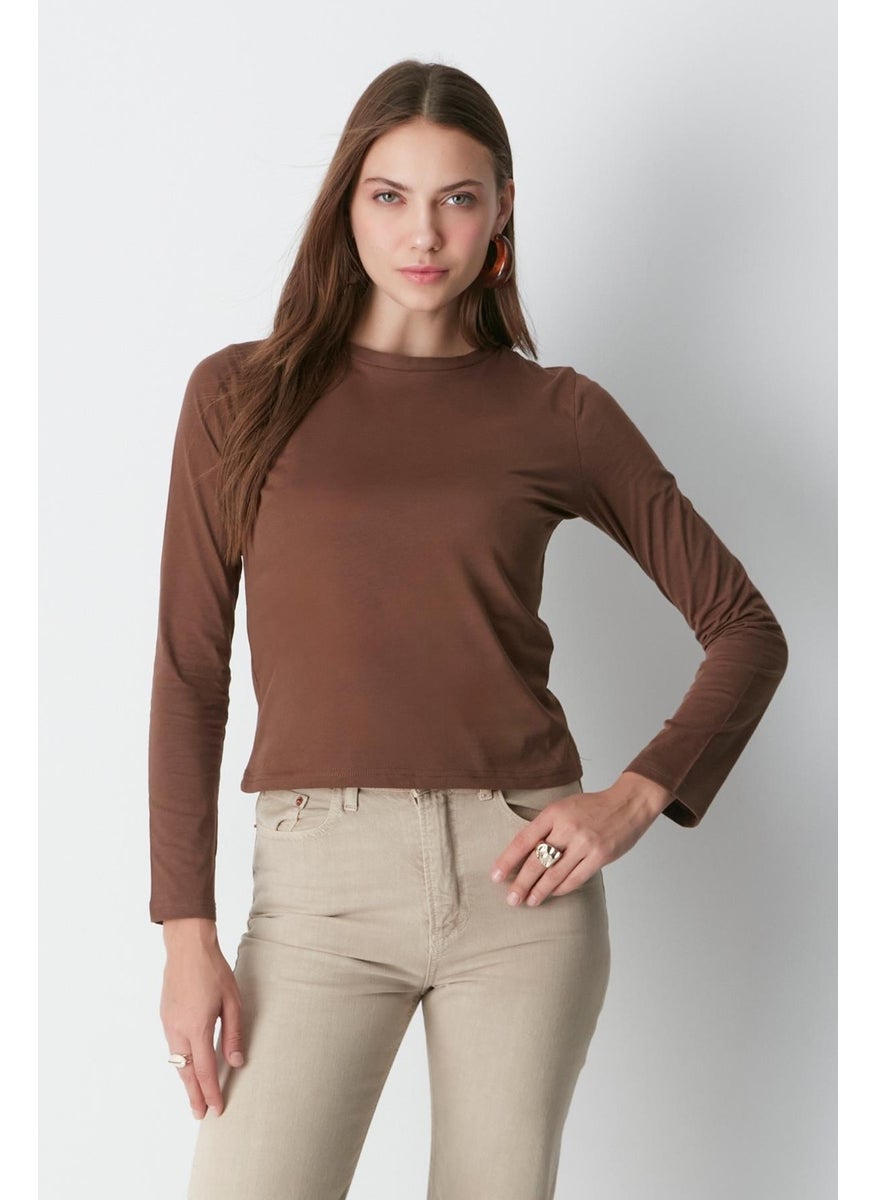 Crew Neck Long Sleeve 2-Piece Basic T-Shirt 955 Beige/Brown