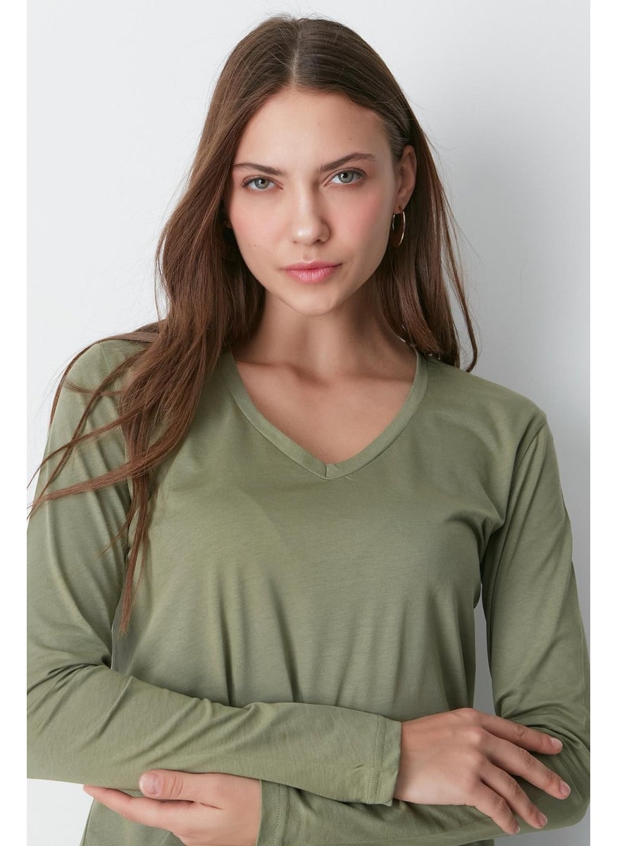 V Neck Long Sleeve 2-Piece Basic T-Shirt 954 Khaki/brick