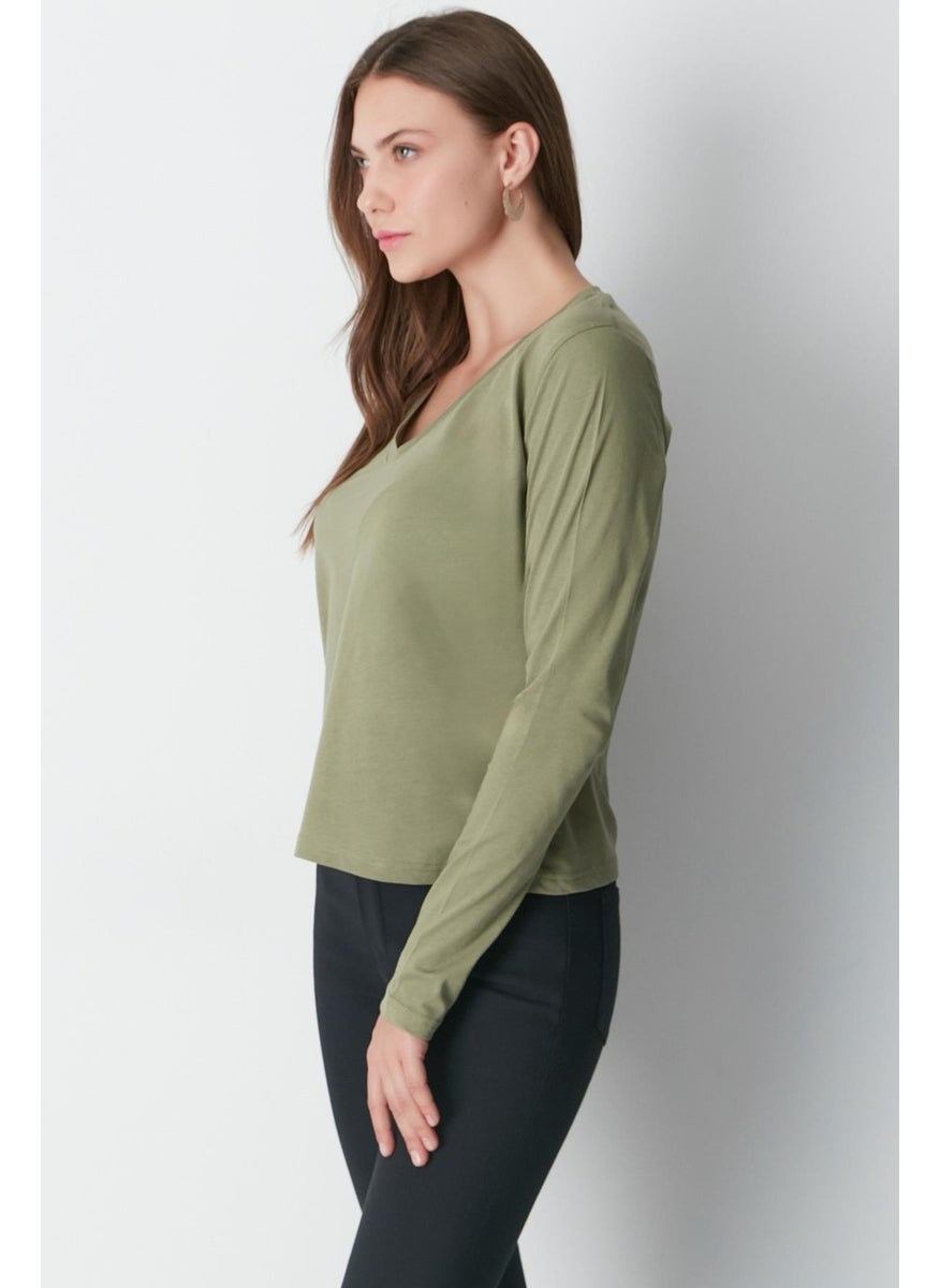 V Neck Long Sleeve 2-Piece Basic T-Shirt 954 Khaki/brick