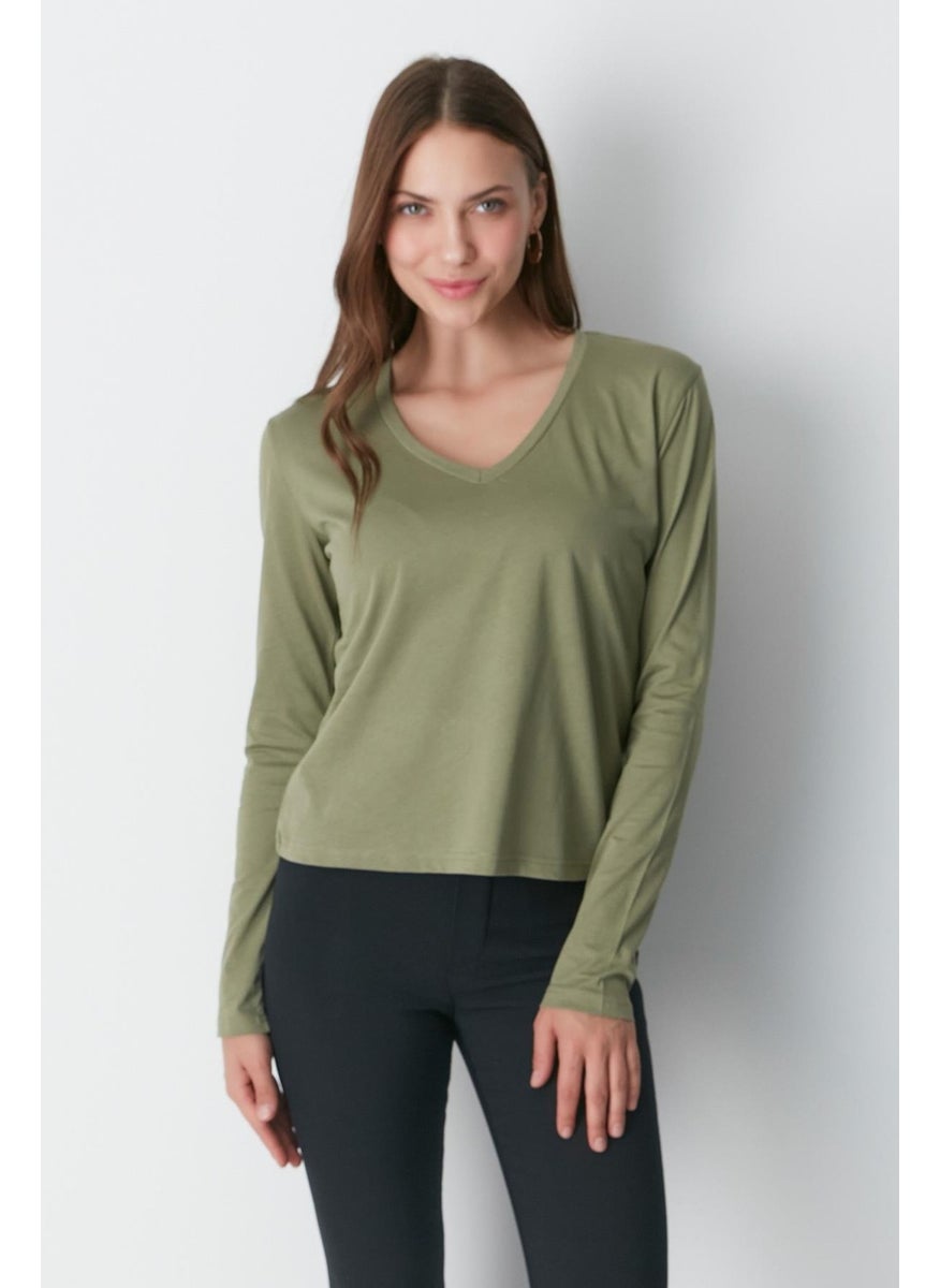 V Neck Long Sleeve 2-Piece Basic T-Shirt 954 Khaki/brick