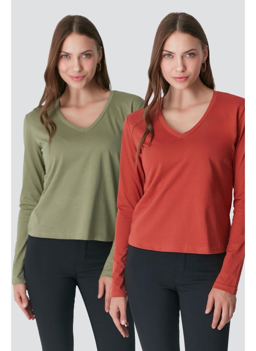 V Neck Long Sleeve 2-Piece Basic T-Shirt 954 Khaki/brick