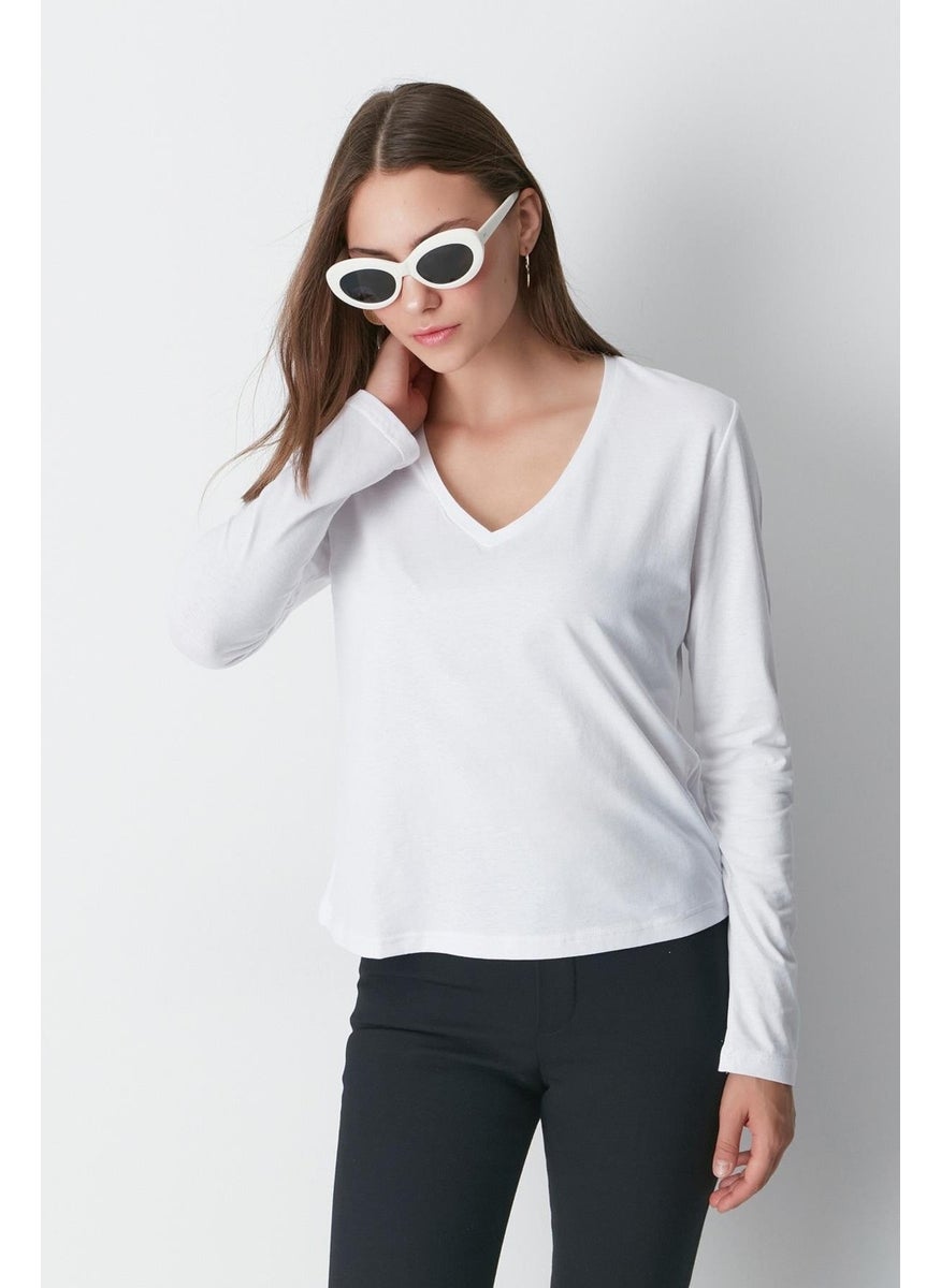 V Neck Long Sleeve 2-Piece Basic T-Shirt 954 Black/White