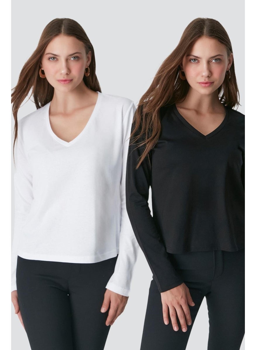 V Neck Long Sleeve 2-Piece Basic T-Shirt 954 Black/White